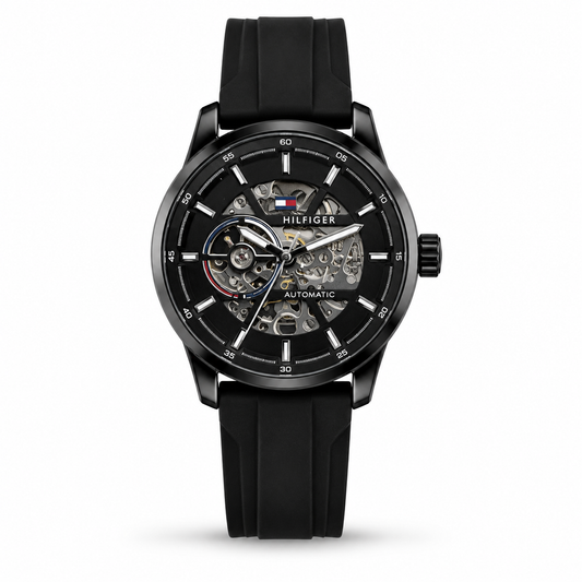 Automatic Skeleton Watch – Black Stainless Steel & Silicone Strap