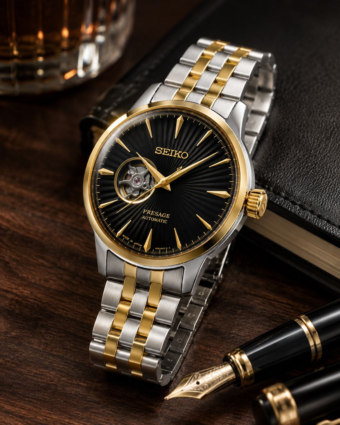 Two-Tone Stainless Steel Automatic Watch with Black Open-Heart Dial