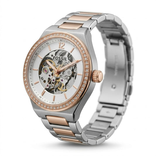Women's Automatic Skeleton Watch – Two-Tone Rose Gold & Silver Crystal Bezel Timepiece