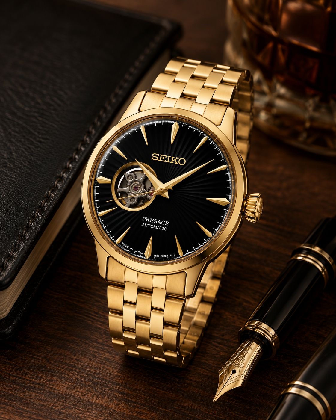Gold Stainless Steel Automatic Watch with black Open-Heart Dial
