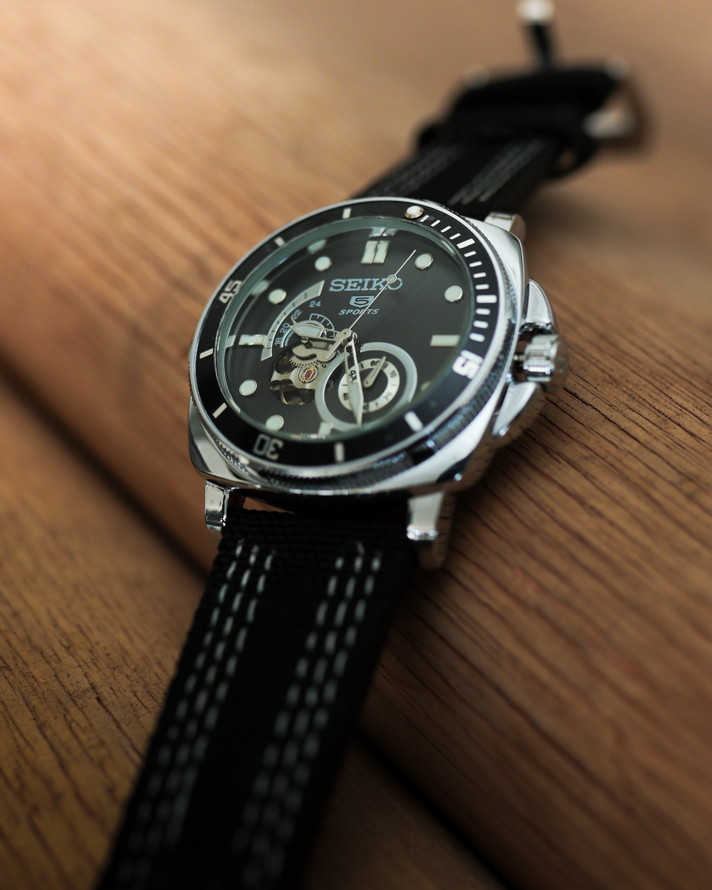 Midnight Diver Open-Heart Automatic Watch – Black Dial & Premium Canvas Strap