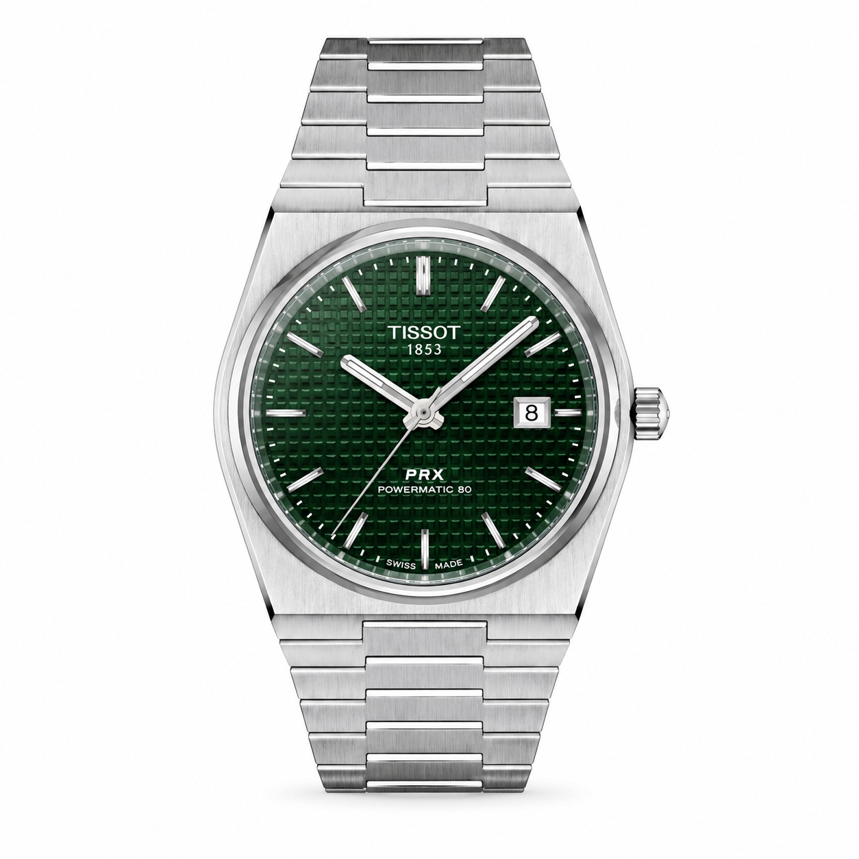 Emerald Green Textured Dial Watch – Stainless Steel Luxury Integrated Bracelet Timepiece