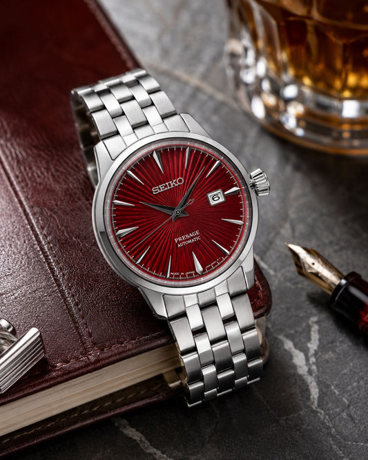 Silver Stainless Steel Automatic Watch with Deep Red Sunburst Dial