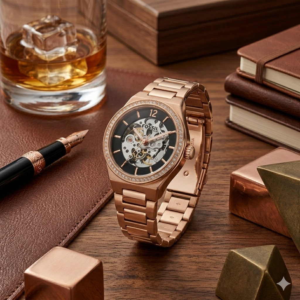 Rose Gold Skeleton Crystal Bezel Watch – Elegant Automatic Women's Timepiece