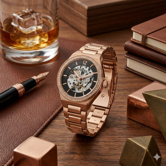 Rose Gold Skeleton Crystal Bezel Watch – Elegant Automatic Women's Timepiece