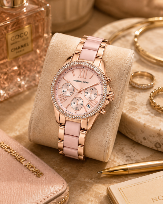 Women's Rose Gold Crystal Chronograph Watch with Blush Pink Bracelet