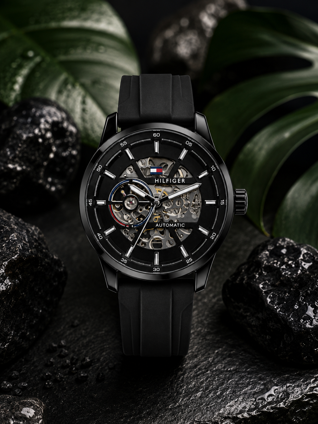Automatic Skeleton Watch – Black Stainless Steel & Silicone Strap