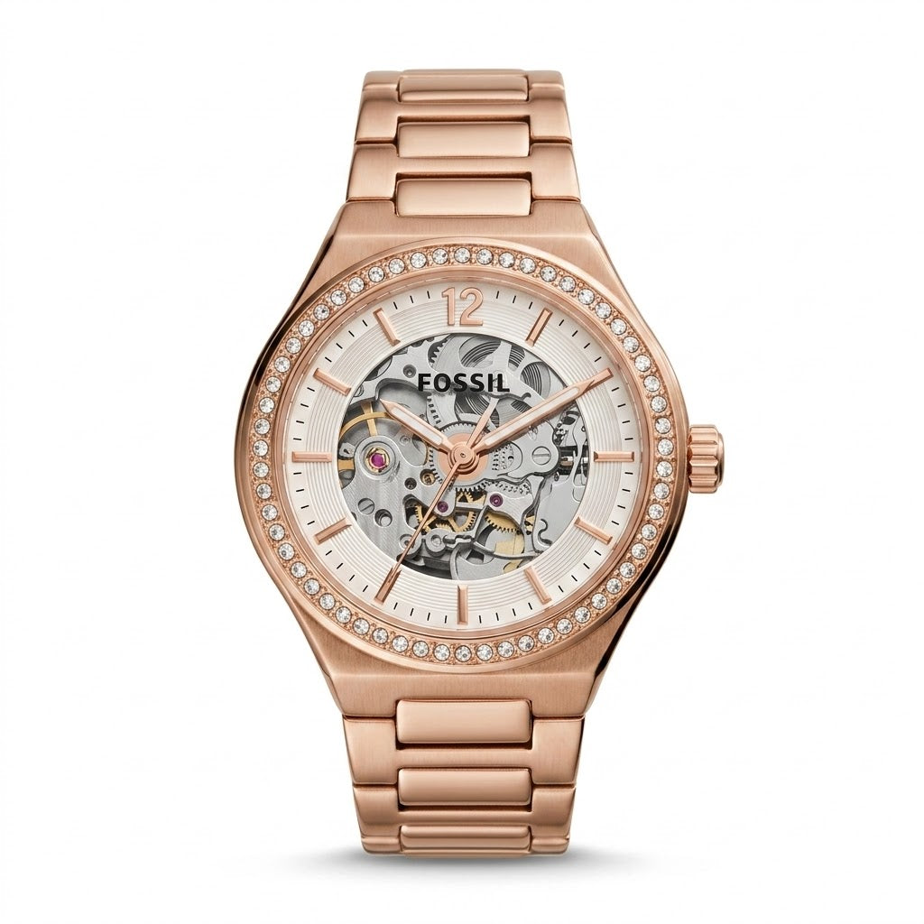 Women's Rose Gold Automatic Open-Heart Watch with Crystal Bezel