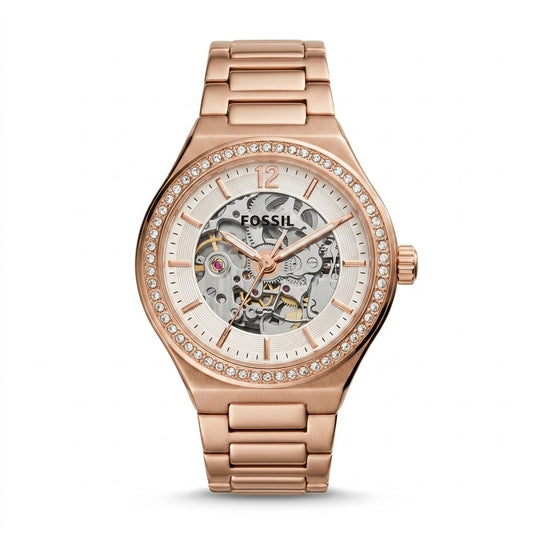 Women's Rose Gold Automatic Open-Heart Watch with Crystal Bezel