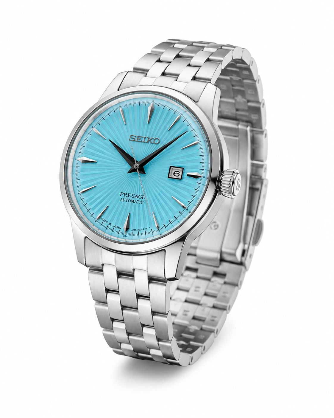 Silver Stainless Steel Automatic Watch with Ice Blue Sunburst Dial