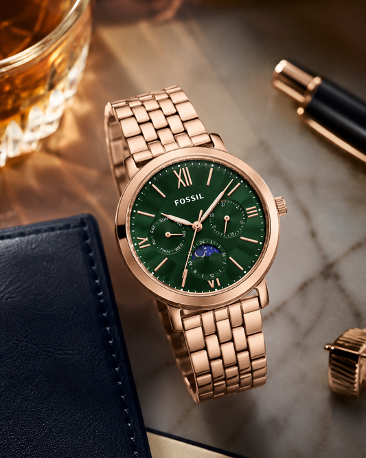 Women's Rose Gold Multifunction Watch with Emerald Green Sunburst Dial