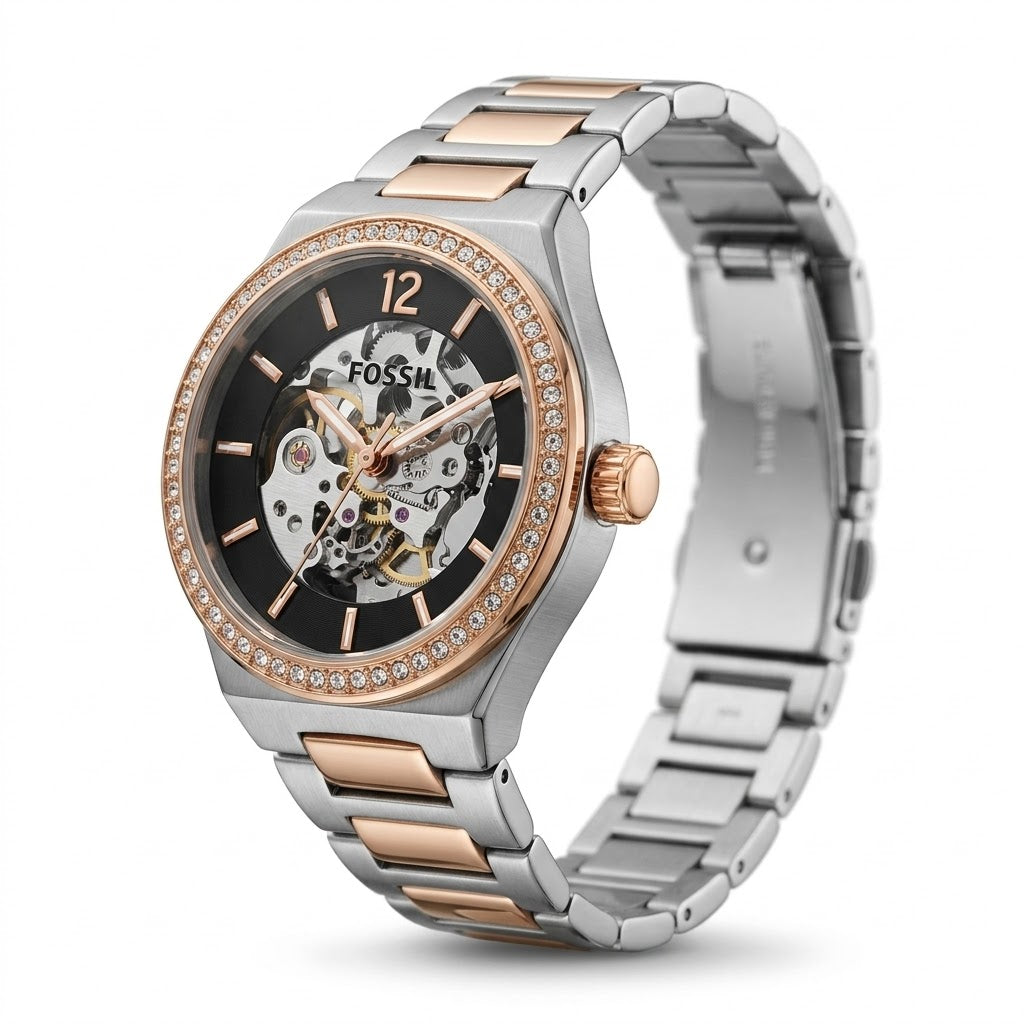 Rose Gold & Silver Skeleton Dial Watch – Crystal Bezel Automatic Timepiece
