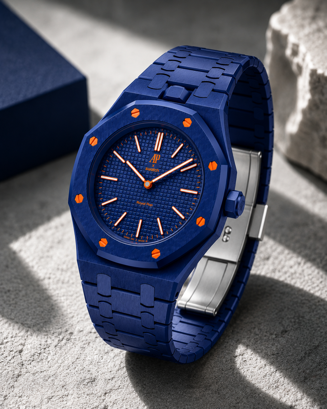 Royal Blue Designer Sports Bracelet Watch with Orange Accent Dial