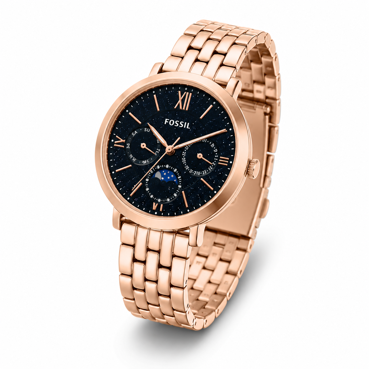 Rose Gold Midnight Blue Moonphase Watch – Elegant Multi-Function Bracelet Timepiece