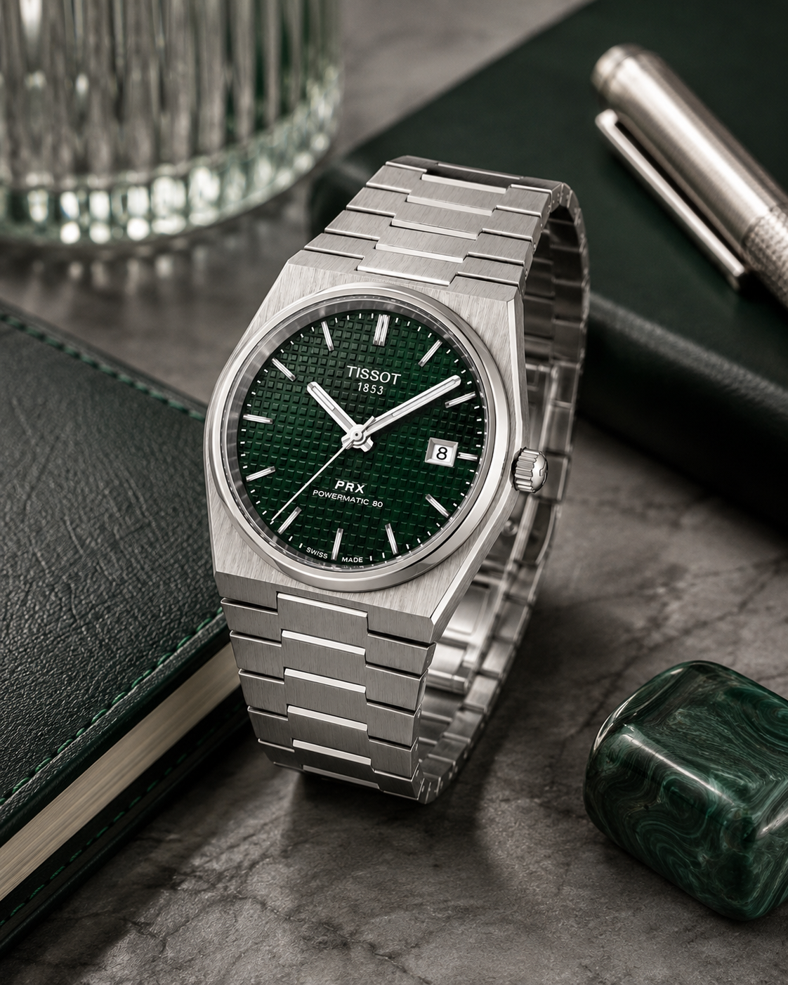 Emerald Green Textured Dial Watch – Stainless Steel Luxury Integrated Bracelet Timepiece