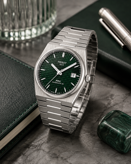 Emerald Green Textured Dial Watch – Stainless Steel Luxury Integrated Bracelet Timepiece