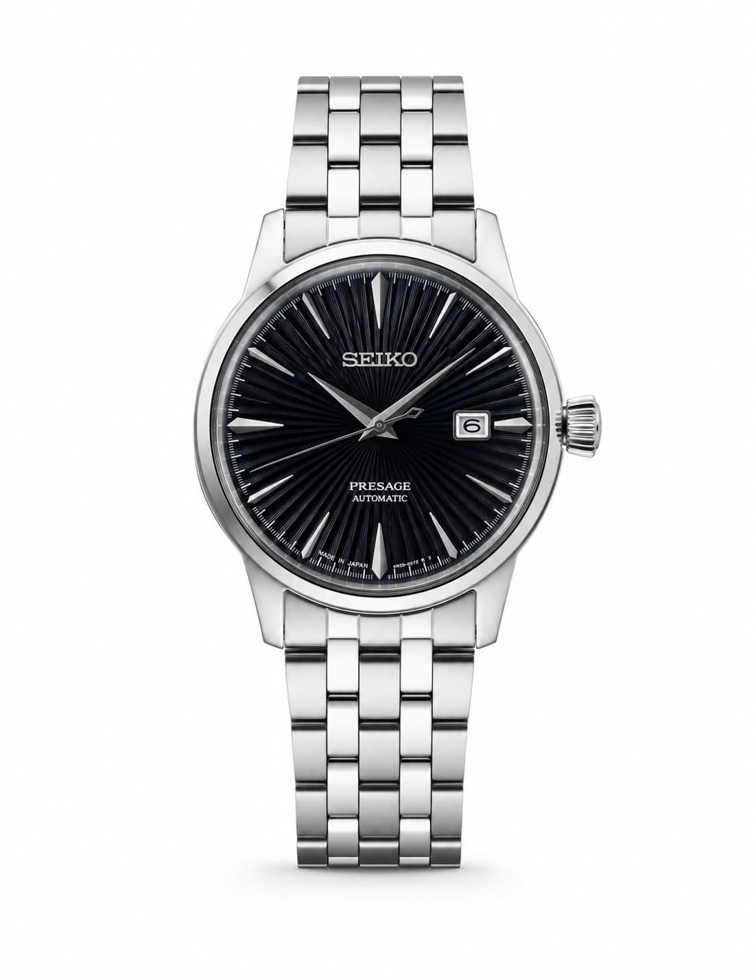 Silver Stainless Steel Automatic Watch with Black Sunburst Dial
