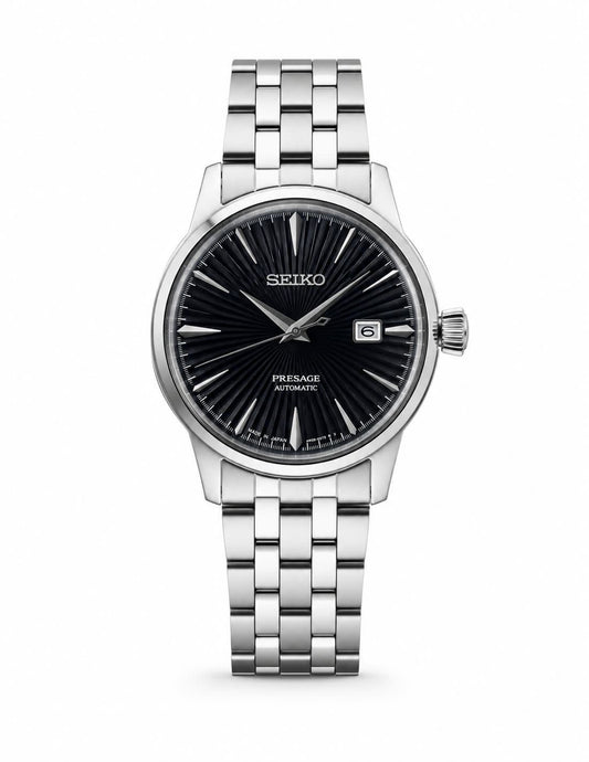 Silver Stainless Steel Automatic Watch with Black Sunburst Dial