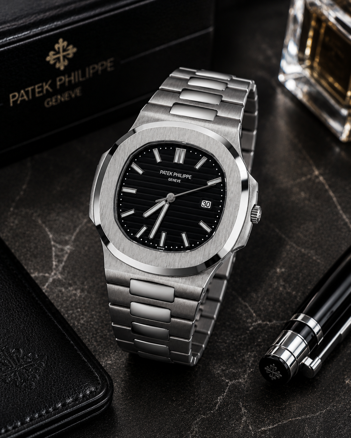 Titanium Royale Classic Watch – Black Textured Dial & Integrated Stainless Steel Bracelet Edition