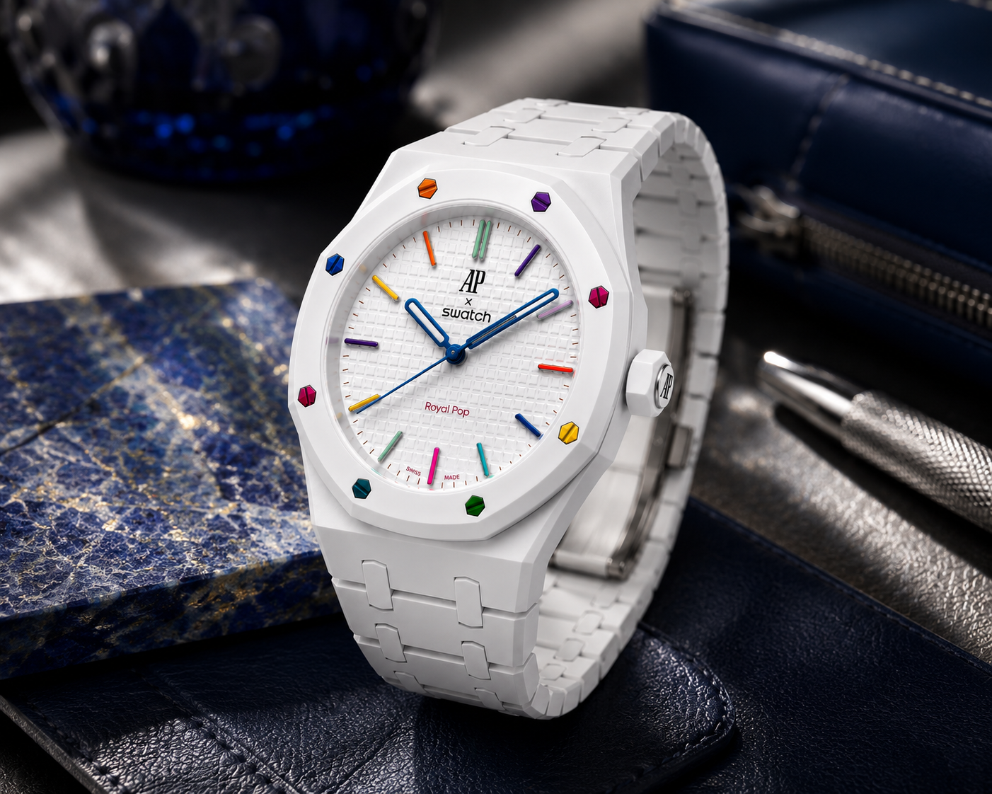 White Rainbow Edition Designer Bracelet Watch with Multicolor Accents