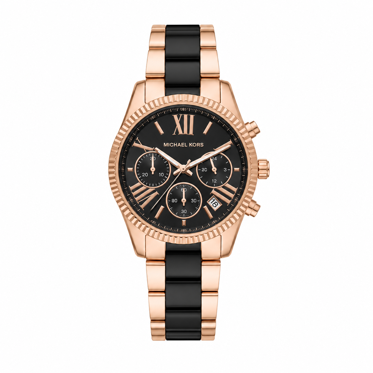 Rose Gold & Black Chronograph Watch with Date Display