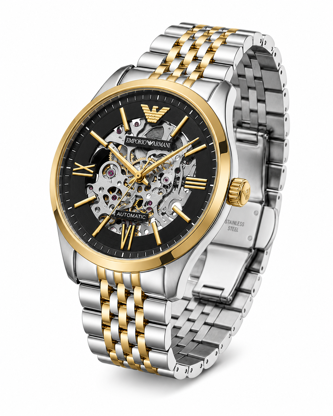 Automatic Skeleton Watch – Two-Tone Stainless Steel Luxury Timepiece with Open-Heart Mechanical Movement