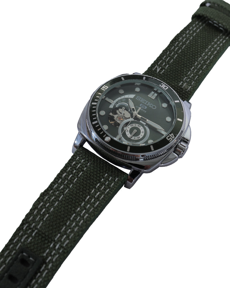 Forest Ranger Open-Heart Automatic Watch – Olive Green Dial & Canvas Strap