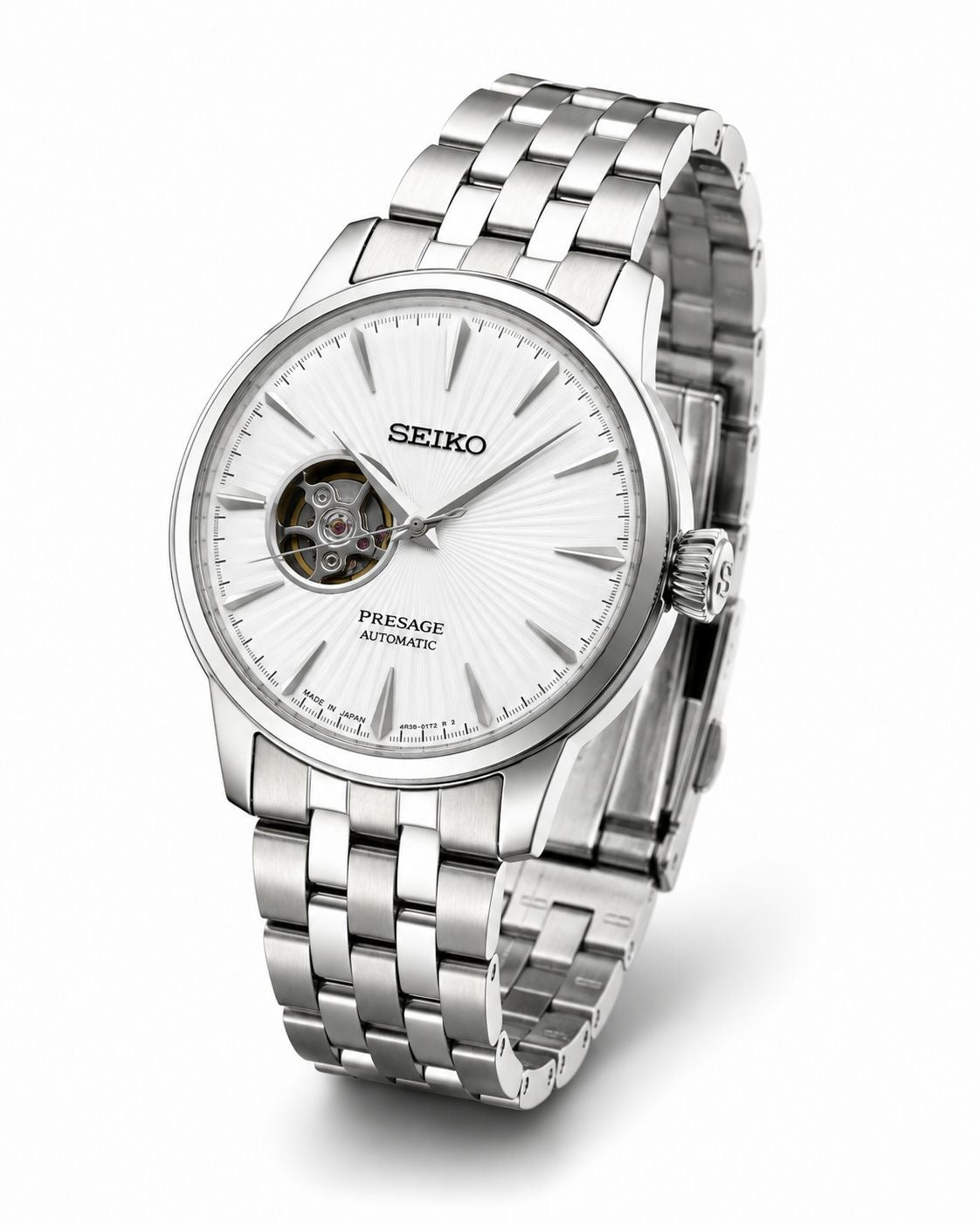 Silver Stainless Steel Automatic Watch with White Open-Heart Dial