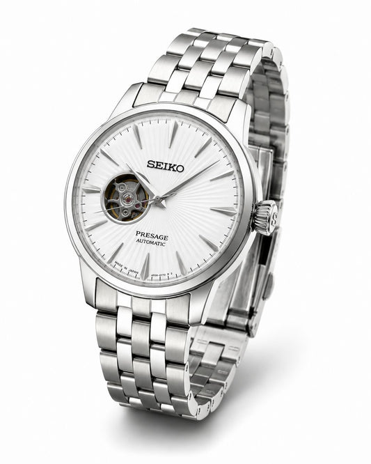 Silver Stainless Steel Automatic Watch with White Open-Heart Dial