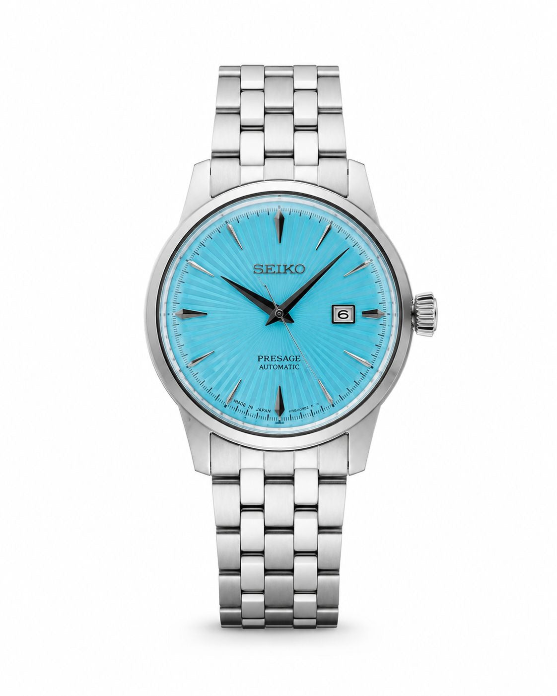 Silver Stainless Steel Automatic Watch with Ice Blue Sunburst Dial