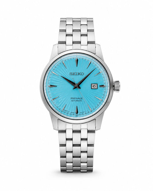 Silver Stainless Steel Automatic Watch with Ice Blue Sunburst Dial
