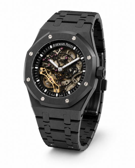 Black Phantom Skeleton Automatic Watch – Full Open-Heart Mechanical Dial & Matte Black Integrated Bracelet
