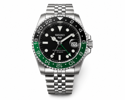 Stainless Steel GMT Style Bracelet Watch with Black & Green Bezel