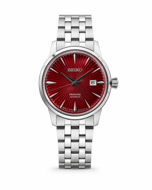 Silver Stainless Steel Automatic Watch with Deep Red Sunburst Dial