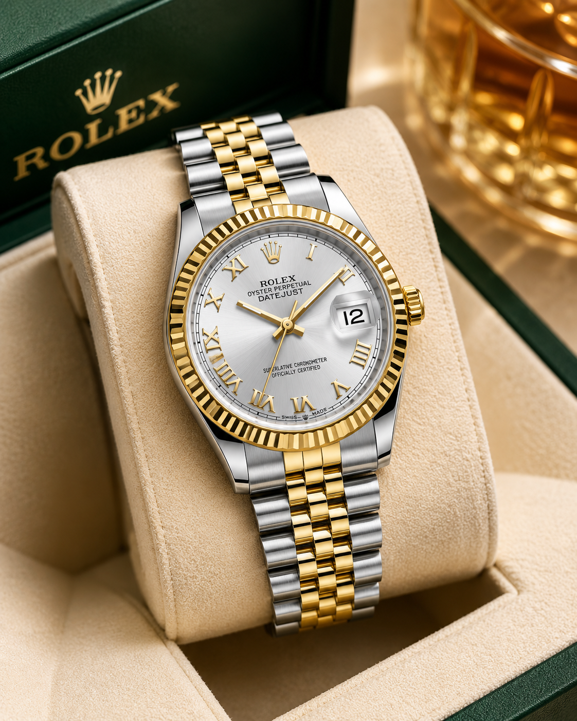 Classic Two-Tone Luxury Date Watch with Roman Numeral Dial