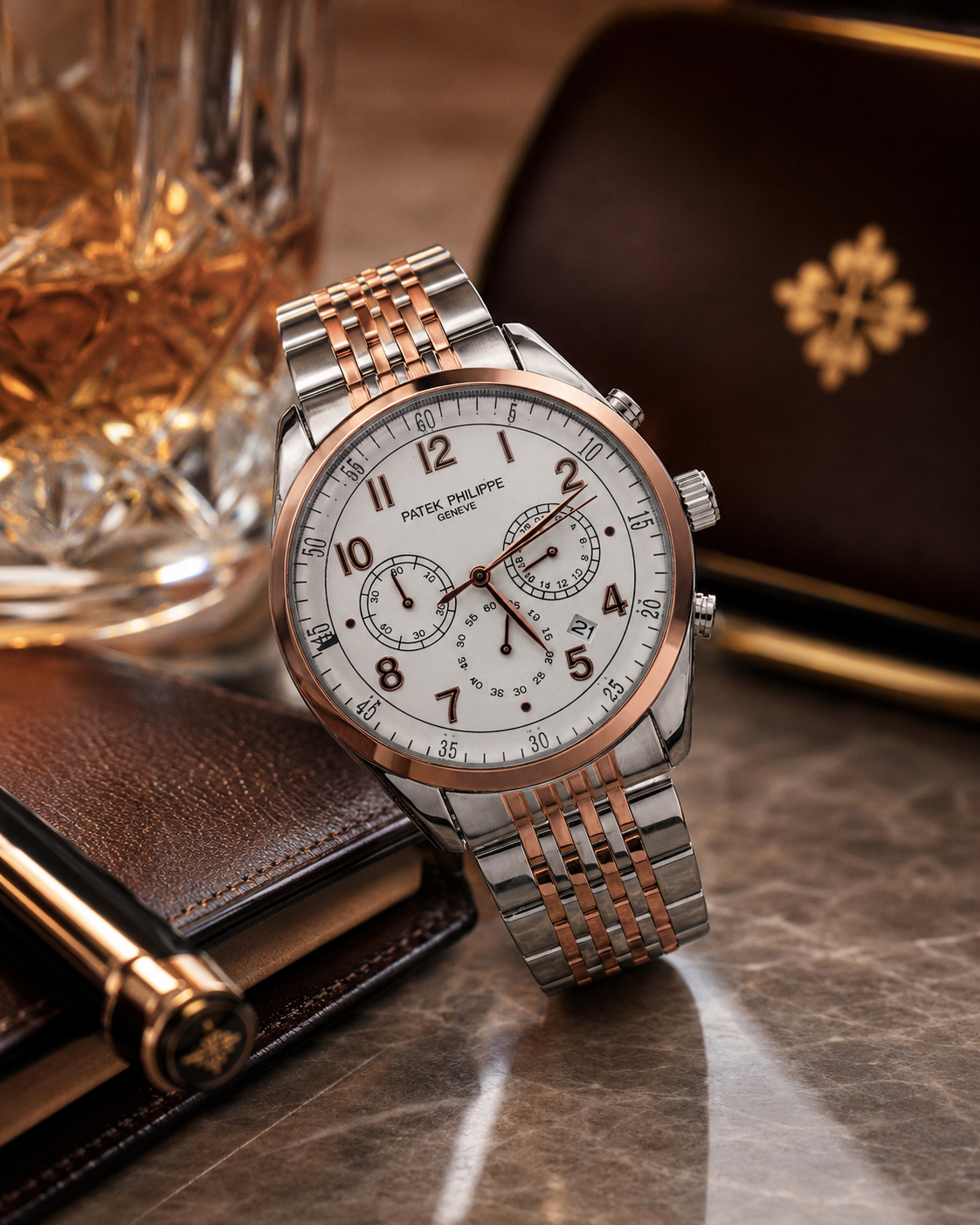Rose Imperial Chronograph Watch – White Dial & Dual-Tone Rose Gold Stainless Steel Edition