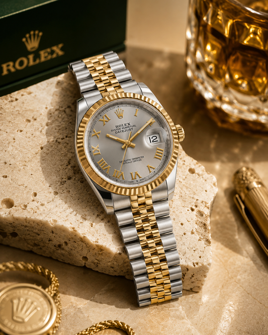 Classic Two-Tone Luxury Date Watch with Silver Sunburst Dial