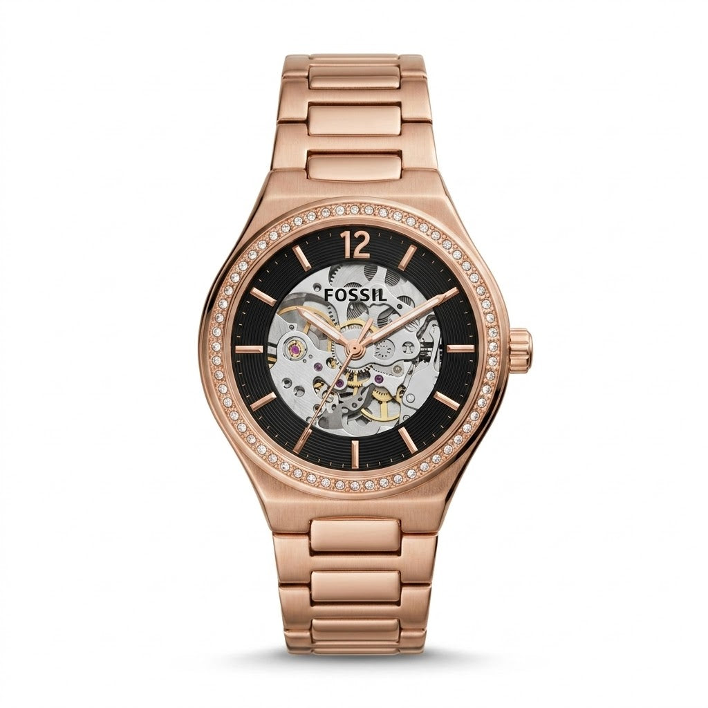Rose Gold Skeleton Crystal Bezel Watch – Elegant Automatic Women's Timepiece