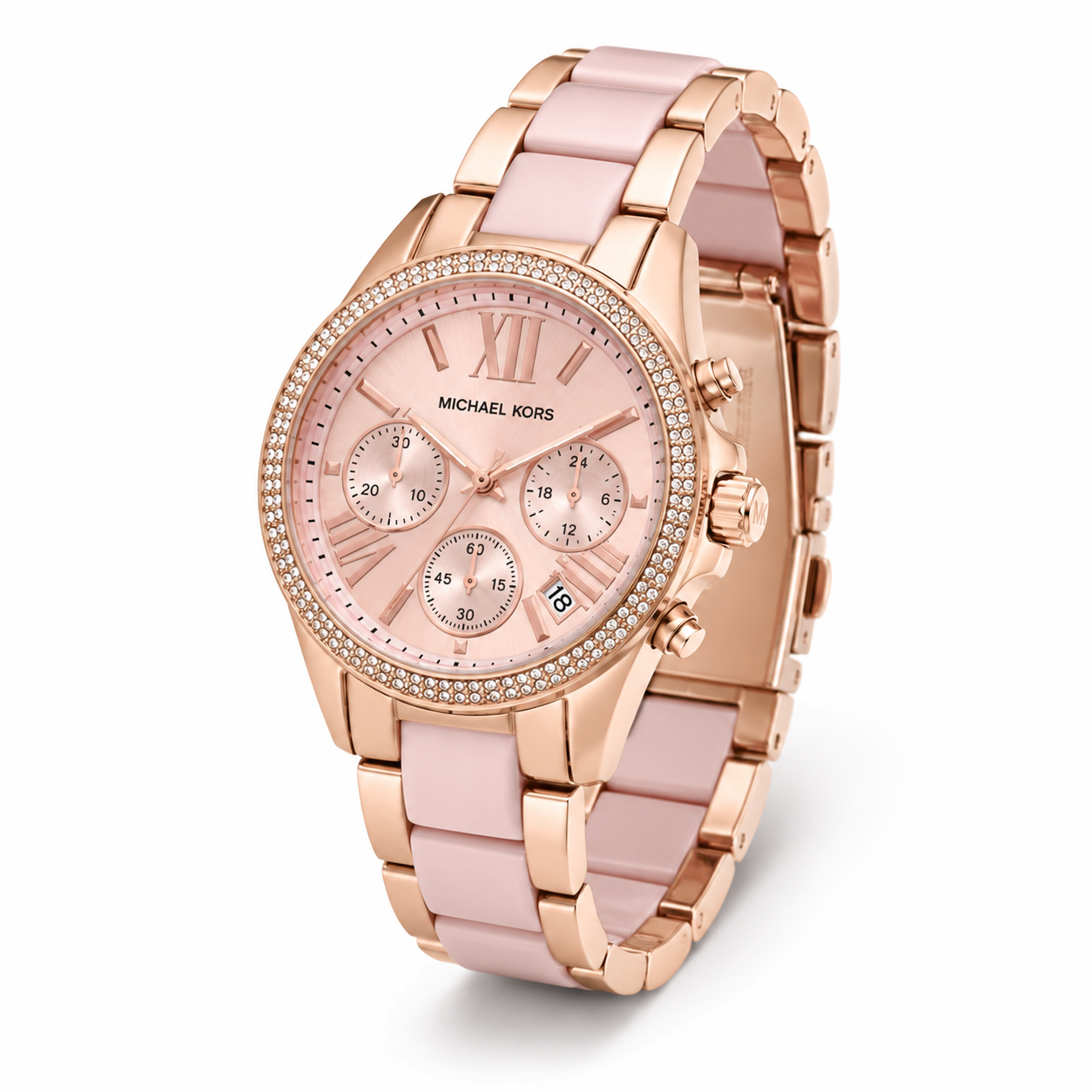 Women's Rose Gold Crystal Chronograph Watch with Blush Pink Bracelet