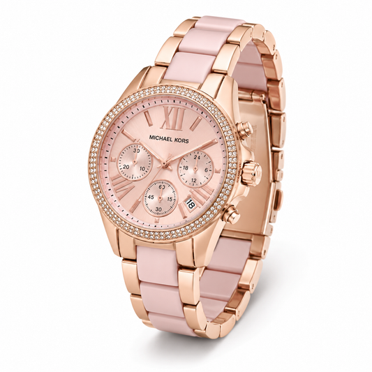 Women's Rose Gold Crystal Chronograph Watch with Blush Pink Bracelet