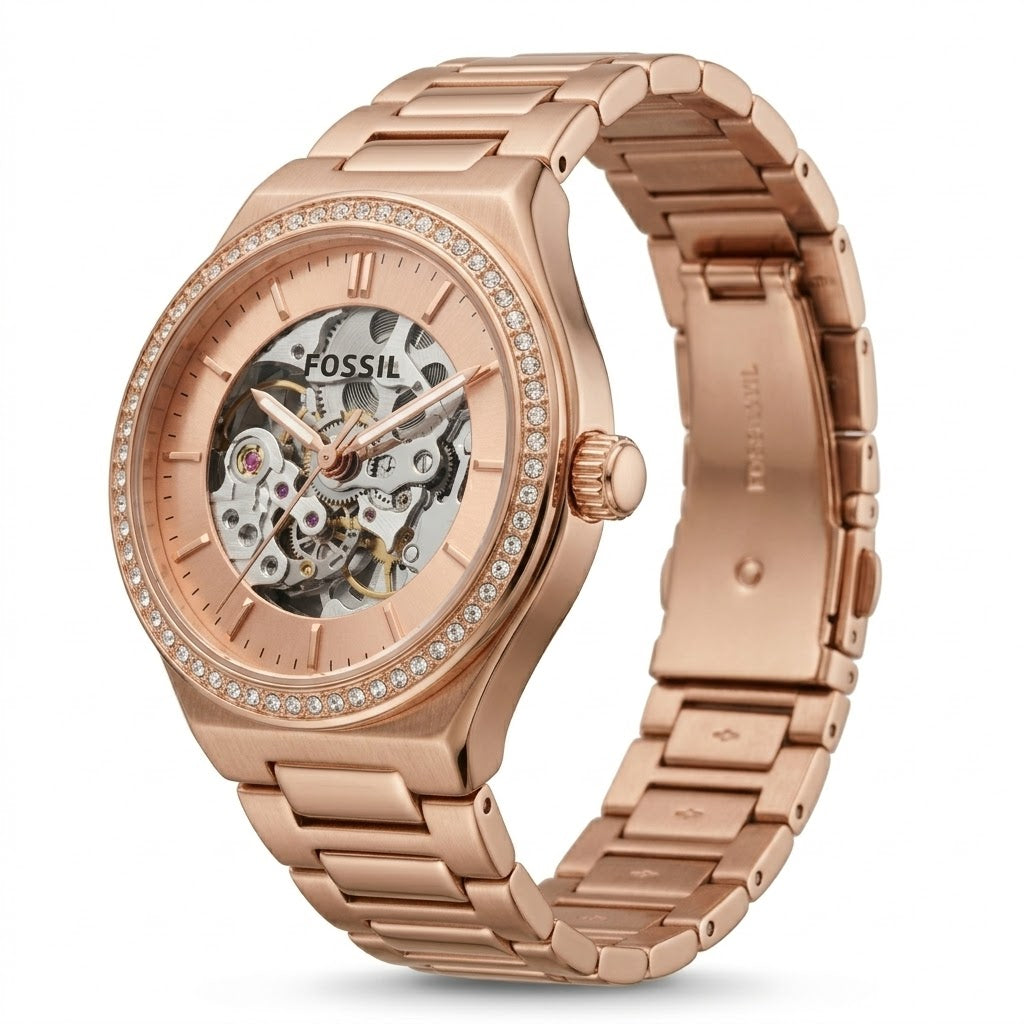 Women's Rose Gold Automatic Skeleton Watch with Crystal Bezel