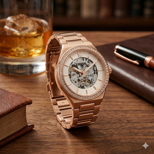 Women's Rose Gold Automatic Open-Heart Watch with Crystal Bezel