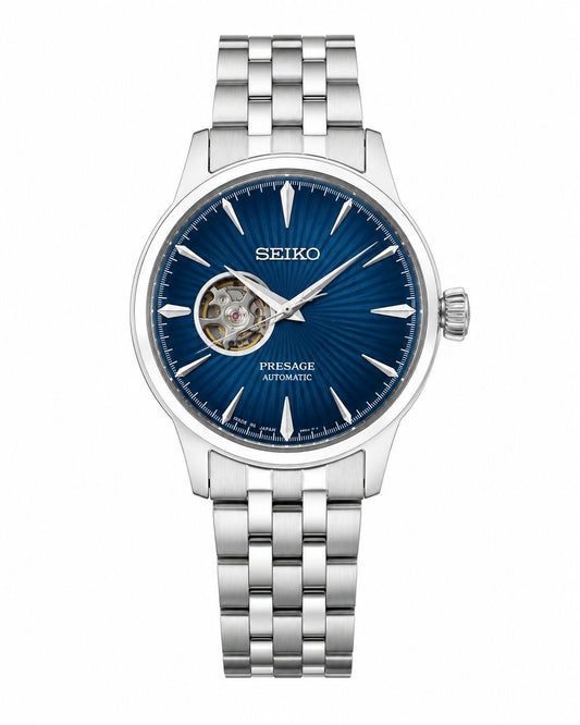 Silver Stainless Steel Automatic Watch with Deep Blue Open-Heart Dial