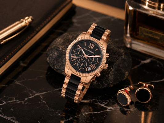 Rose Gold & Black Chronograph Watch with Date Display
