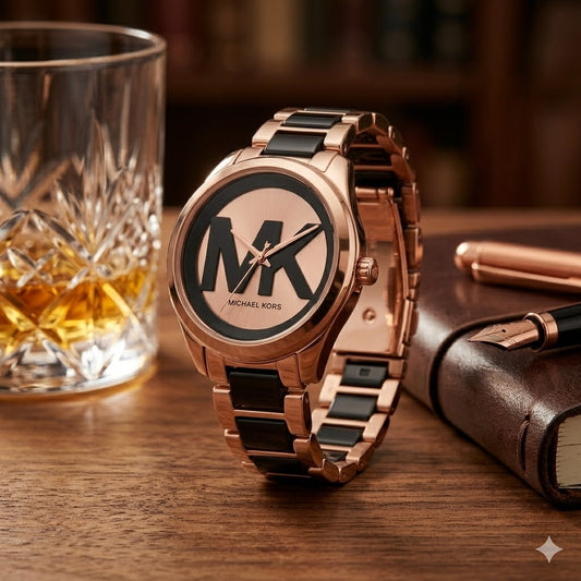 Rose Gold & Black Statement Dial Watch – Modern Fashion Bracelet Timepiece