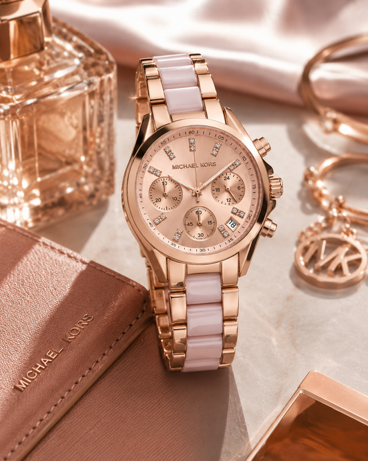 Rose Gold Blush Multi-Function Watch – Crystal Accent Chronograph Timepiece