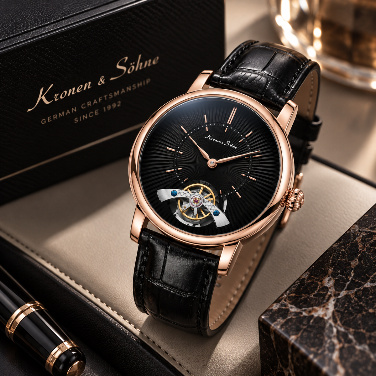 Luxury Rose Gold Black Automatic Skeleton Watch