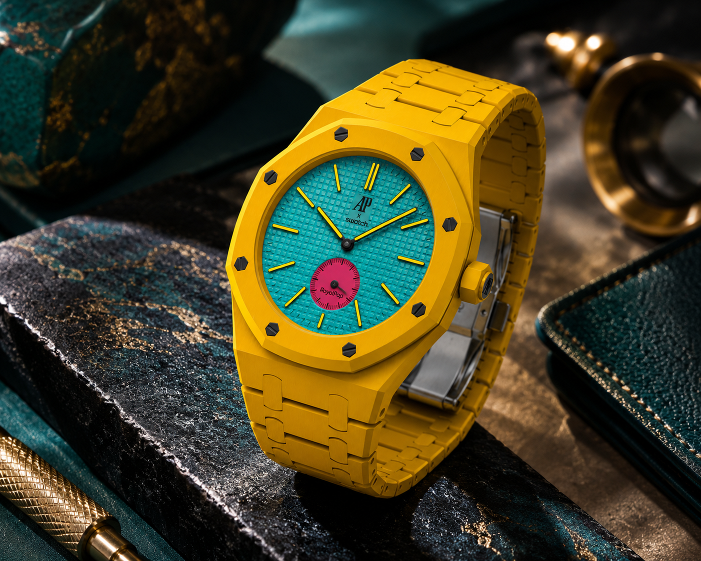 Vibrant Yellow Designer Sports Bracelet Watch with Turquoise Dial