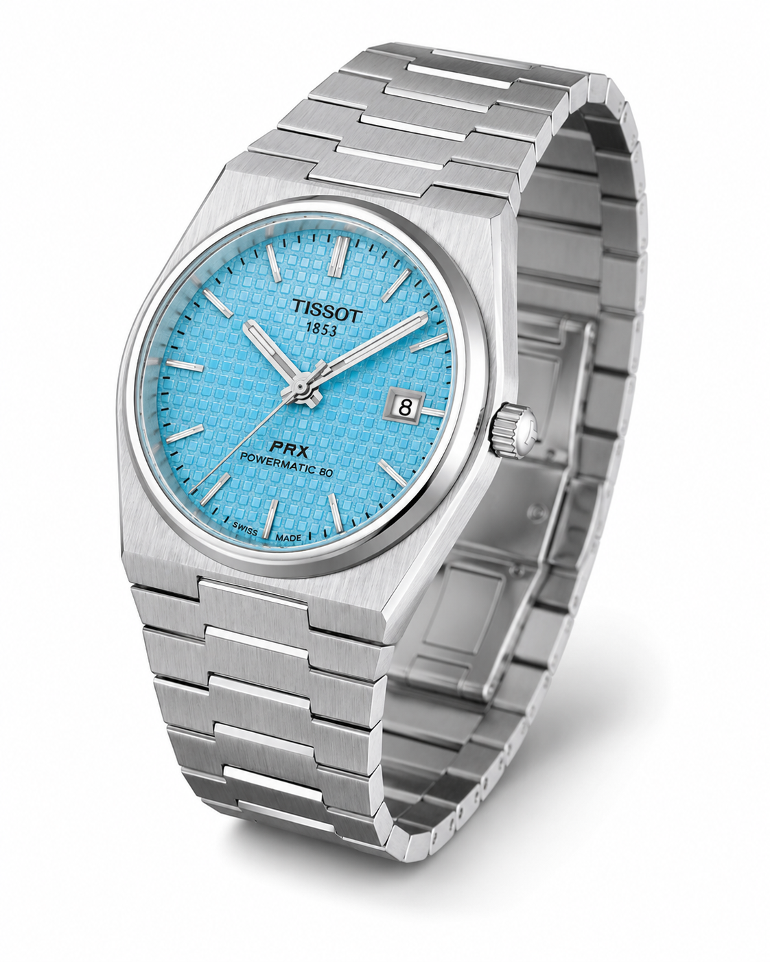Ice Blue Textured Dial Watch – Stainless Steel Luxury Integrated Bracelet Timepiece