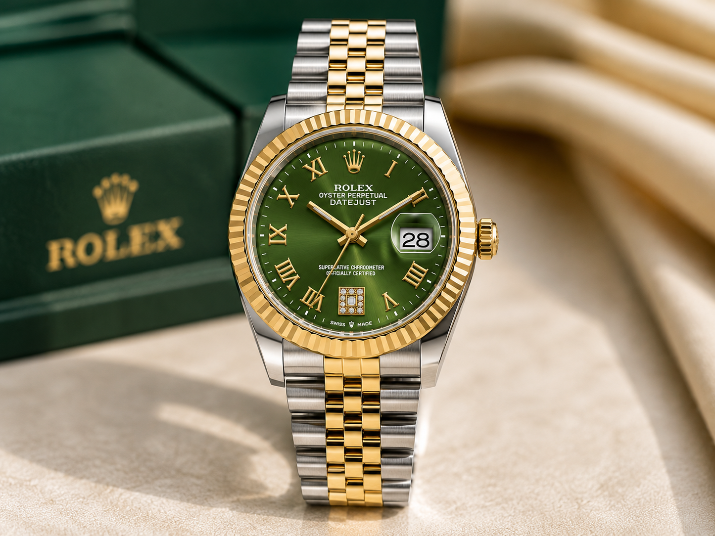 Green Sunburst Luxury Date Watch with Two-Tone Bracelet